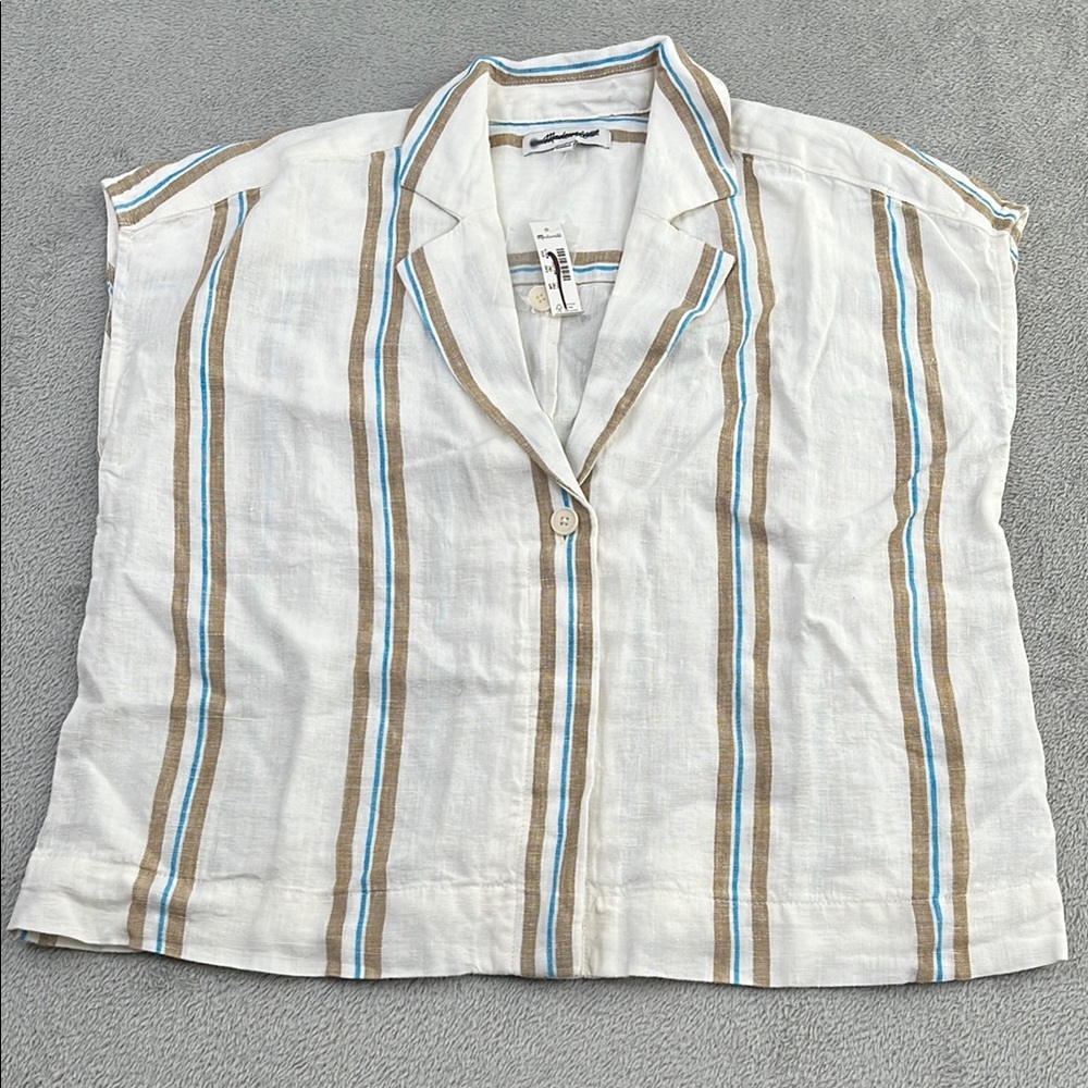 NEW Madewell 100% Linen Women XS Boxy Cap Sleeve Shirt Ivory Blue NQ519